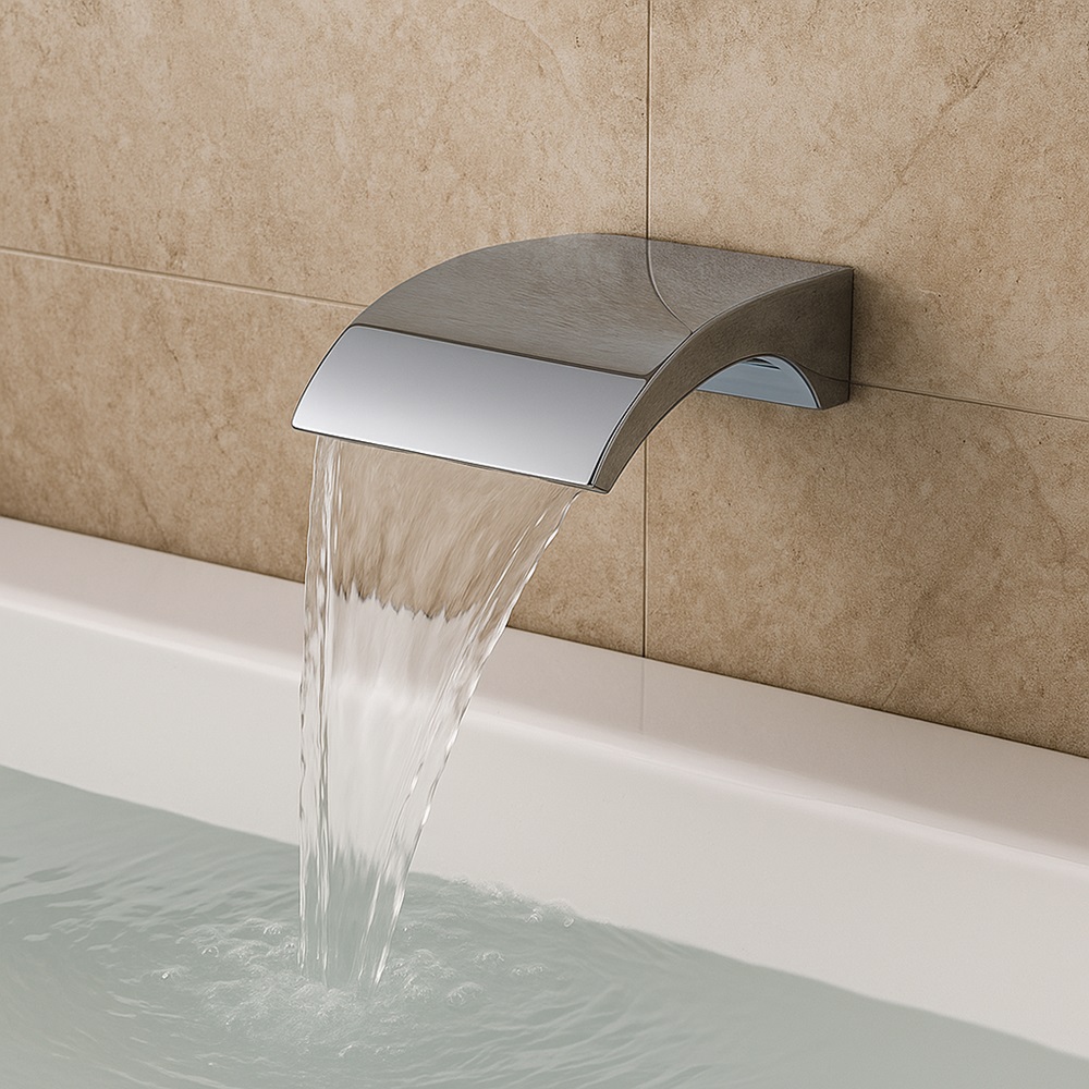 Wall-mounted waterfall tub spout cascading over a tiled feature wall
